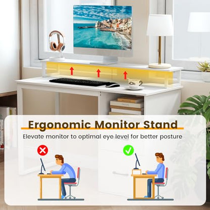 Giantex 48 Inch Computer Desk with Power Outlets & File Drawer, Home Office Desk with Monitor Stand, Gaming Desk with Storage Shelf, Modern Study Work Writing Table for Bedroom, Small Spaces, White