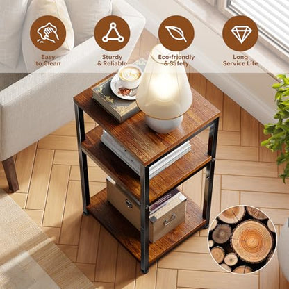 Ekisemio 3-Tier Side Table – End Table Nightstand for Small Spaces & Living Room, Rustic Brown