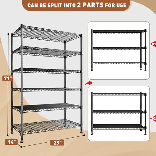REIBII 71" H Metal Shelves 6 Tier Storage Shelves 1200LBS Adjustable Shelving Units and Wire Shelving Unit Storage Rack Shelf Metal Shelving, 71" H x 29" W x 14" D - size: 6 Tier-14"D x 29"W x 71"H