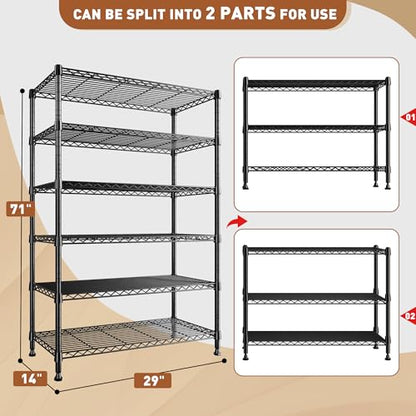 REIBII 71" H 6-Tier Heavy Duty Wire Shelving, 1200 lbs, 2-in-1 Adjustable | Heavy-duty 19mm steel, Split into 2 shelves, Leveling feet, Rustproof, 29"Wx14"D,Tool-free assembly,For garage kitchen pantry - size: 6 Tier-14"D x 29"W x 71"H
