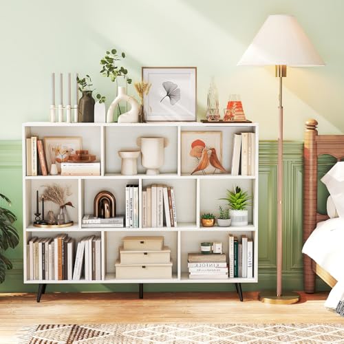 Tangkula 10-Cube Bookcase, Modern 55”L Storage Bookshelf with 5 Tapered Metal Legs & 2 Anti-Tip Kit, Freestanding Display Rack for Living Room, Study Room (White, Large 10-Cube) - size: Large 10-Cube