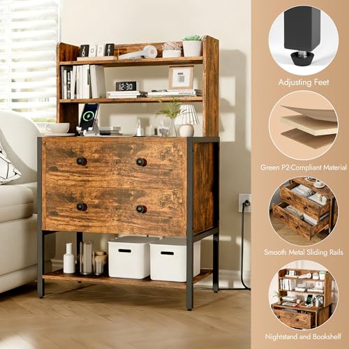 39 Inch Tall Nightstand with 2 Drawers & Charging Station, Brown | 4-tier Open Shelves, P2 Particle Board, Steel Frame, 2 AC Outlets, 2 USB Ports, Suitable for Dorm and Apartment - color: Retro Brown