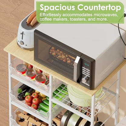 Rolling Kitchen Microwave Organizer Cart, Adjustable Shelves, White | Kitchen Island Storage Cart & Microwave Stand with Tilt-Out Baskets & Lockable Wheels, 27.75"L×15.35"W×32.9"H - color: White