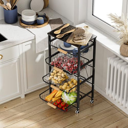 JAQ 5-Tier Fruit Vegetable Storage Cart with Wood Top, Rolling Kitchen Basket Organizer with Ergonomic Wood Handle & Wheels for Snacks Produce, Heavy Duty Metal Vianderos para Cocina Modernos, Black - color: 5-tier/Black