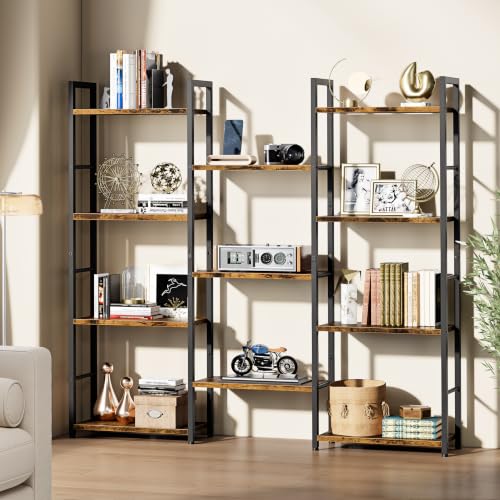 Shintenchi Triple Column 4 Tier Bookshelf, Industrial Large Bookcase Display Shelves, Large Etagere Bookshelf,Wide Book Shelf Book Case for Home & Office, Rustic Brown - size: 4 Tier(Wide)