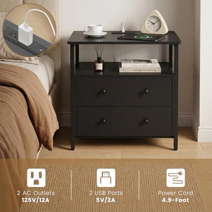 Edbuosy 27 inch Wide Night Stand with Charging Station, Bedside Table with Open Shelf, 2 Drawers Small Wood Dresser, Modern Wood Nightstand for Bedroom/Living Room, Black - color: Black, size: 27"W-2 Drawers