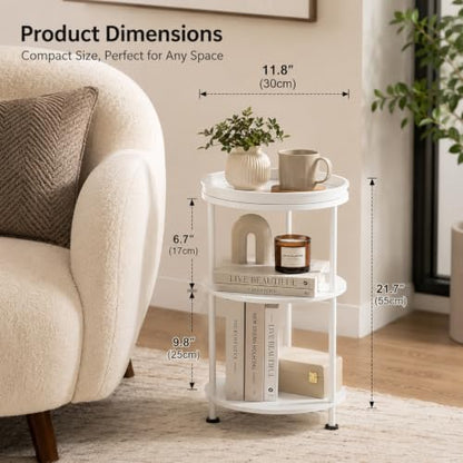 Small Round Side Table with Tray Top (Patented Design), 11.8" Narrow End Table for Small Spaces, 3-Tier Modern White Nightstand, Original Accent Furniture for Living Room Bedroom (Classic, White) - color: White, style: Classic