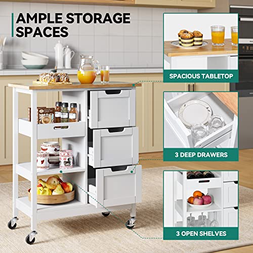 YITAHOME Small Solid Wood Top Kitchen Island Cart on Wheels with Storage, Rolling Portable Dining Room Serving Utility Carts Mobile Movable with 3 Drawers Cabinet, Oak & White - style: 26.7"W White