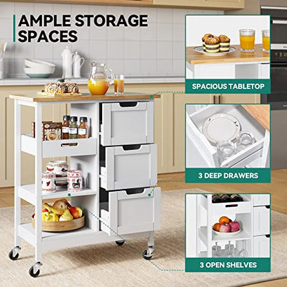 YITAHOME Small Solid Wood Top Kitchen Island Cart on Wheels with Storage, Rolling Portable Dining Room Serving Utility Carts Mobile Movable with 3 Drawers Cabinet, Oak & White - style: 26.7"W White