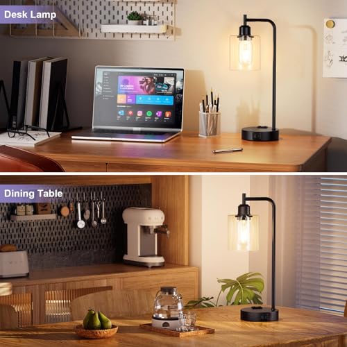 Industrial Touch Lamps for Nightstand Set of 2, 3-Way Dimmable Bedside Lamp | Glass Shade, USB C+A Charging Port & Outlet, Black Desk Lamps for Bedroom, Living Room, Home Office, Reading - color: A-Clear