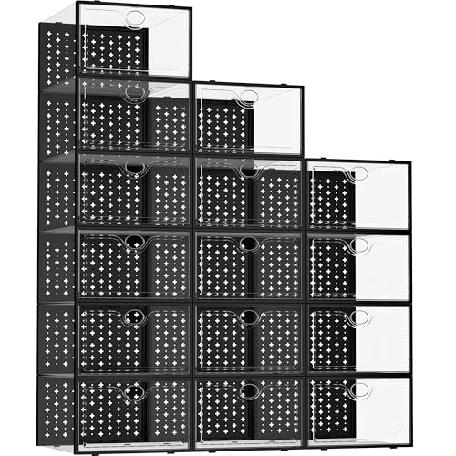 15 Pack X-Large Shoe Storage Boxes, Shoe Organizer Clear Stackable | Fit US Size 11, 6.2” Height, Shoe Dispaly Case Holder Bins Sneaker Storage for Sneakerheads, For Home and Family, Black - color: Black, size: 15 Pack