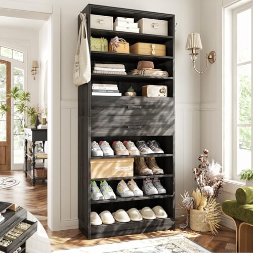 Aheaplus Tall Shoe Cabinet, 10 Tiers Wood Shoe Rack, Vertical Shoe Storage Organizer with 2 Drawers, Narrow Shoe Shelf Tower for 24-28 Pairs, Space Saving, for Closet, Entryway, Bedroom, Black Oak - color: Black Oak, size: 10 Tier (25.6"w)