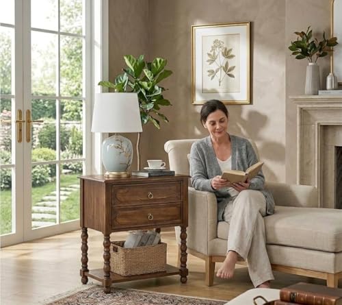 HULALA HOME Farmhouse End Table with Charging Station, 2PK Walnut | Open Shelf Storage, Drawer Organization, Spindle Legs, Solid Wood Details - color: Walnut