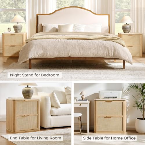 Night Stand, 23.11" W Rattan Nightstand with 2 Drawers, Faux Marble Top Bedside Table, Boho Mid Century End Table for Bedroom Living Room Sofa Office, Natural Oak [FSC Certified] - color: Natural Oak, size: 15.63"D x 23.11"W x 23.94"H（2 Drawer）