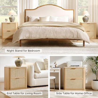 Night Stand, 23.11" W Rattan Nightstand with 2 Drawers, Faux Marble Top Bedside Table, Boho Mid Century End Table for Bedroom Living Room Sofa Office, Natural Oak [FSC Certified] - color: Natural Oak, size: 15.63"D x 23.11"W x 23.94"H（2 Drawer）