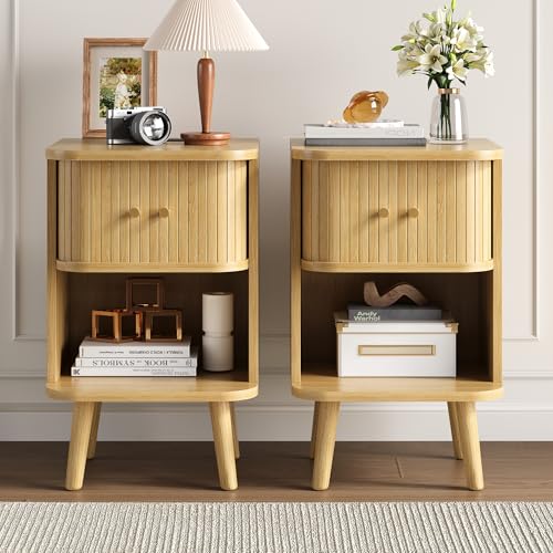Decofy Fluted Nightstand Set of 2, Mid Century Modern Bedside Table with Charging Station, Walnut End Tables with Sliding Tambour Doors, Storage Cabinet and Open Shelf for Bedroom, Oak - color: Oak, size: 2 Pack