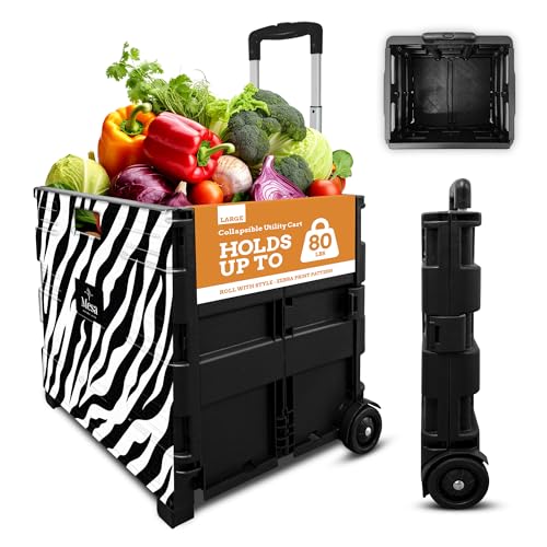 Ultra-Slim Rolling Collapsible Storage Pack-N-Roll Utility-carts, with Telescopic Handle, for Home, Garden, Shopping, Office, School use, Large, Zebra - color: Zebra Print