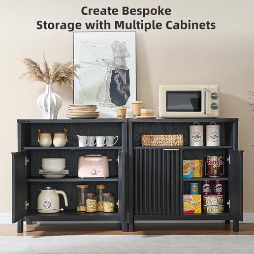 BuildHom 32 Inch Fluted Sideboard Buffet Cabinet with Storage Black Oak | Coffee Bar Cabinet with Open Shelf and 5-Level Adjustable Shelves, Farmhouse Storage Cabinet for Kitchen and Dining Room - color: Black Oak