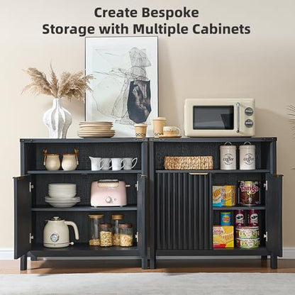 BuildHom 32 Inch Fluted Sideboard Buffet Cabinet with Storage Black Oak | Coffee Bar Cabinet with Open Shelf and 5-Level Adjustable Shelves, Farmhouse Storage Cabinet for Kitchen and Dining Room - color: Black Oak