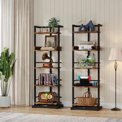 Hosfais Book Shelf Narrow Bookshelf: 5 Tier Wood Bookcase with Metal Edge Protection Industrial Modern Bookshelf Book Storage Organizer for Living Room Bedroom Home Office (Rustic Brown) - color: Brown