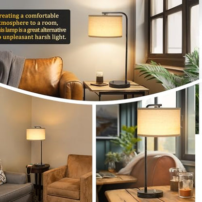 Seaside village Bedside Table Lamp with USB C+A Charging Ports, Fully Dimmable Industrial Tall Nightstand Reading Desk Lamp for Bedroom, Living Room, Office, 9W LED Bulb Included - color: Black with Brushed Gold