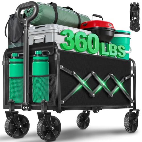 Collapsible Wagons Carts Foldable Wagon,360lbs Folding Wagon Cart with Wheels, Lightweight Foldable Cart with Drink Holders for Camping Picnic Grocery Shopping Garden Travel Sports - color: Graphite Black