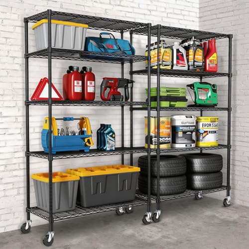 5 Tier Wire Metal Shelving Rack Garage Storage Rolling Shelves with Wheels | Heavy Duty Adjustable Industrial Shelve Steel Sturdy Utility Shelving for Kitchen Garage Pantry Bathroom Laundry - size: 5-Tier Metal Shelf（36L x 14W x 75H）
