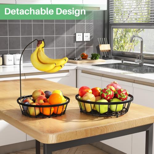 SAYZH 2-Tier Fruit Basket Bowl Stackable Vegetable Storage with Banana Tree Hanger Stand for Kitchen Countertop, Metal Wire Basket for Bread Onions Potatoes (Black)