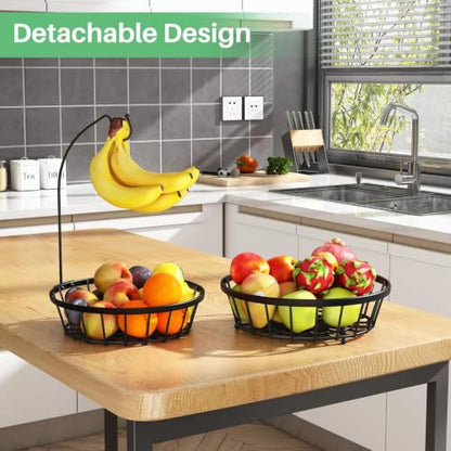 SAYZH 2-Tier Fruit Basket Bowl Stackable Vegetable Storage with Banana Tree Hanger Stand for Kitchen Countertop, Metal Wire Basket for Bread Onions Potatoes (Black)