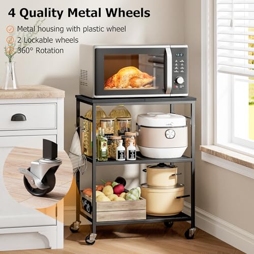 Homleke 3-Tier Rolling Kitchen Microwave Cart, Kitchen Utility Cart on Lockable Wheels, Coffee Bar Table Station with 6 S-Shaped Hooks, Small Appliance Storage Shelf, Black - color: Black, size: 3-Tier