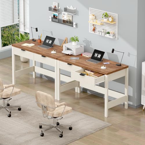 YOMILUVE Fluted Computer Desk with 2 Drawers, 39 Inch Small Computer Desk with Storage, Compact Writing Study Vanity Desk for Small Spaces, Antique White - color: Antique White