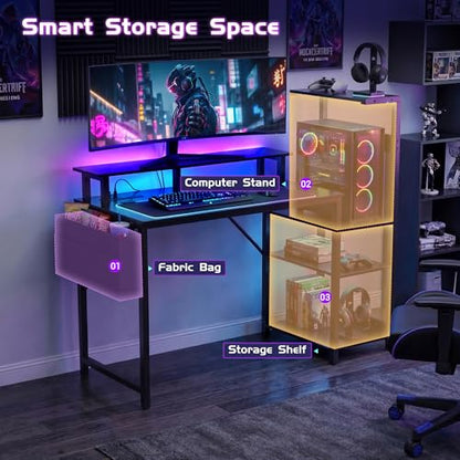 Apicizon 47 Inch Gaming Desk with LED Setup Style, Computer Desk with Storage Shelves & Monitor Stand, Reversible Workstation for Small Space, Home Office Desk with Side Pocket - size: 47inch