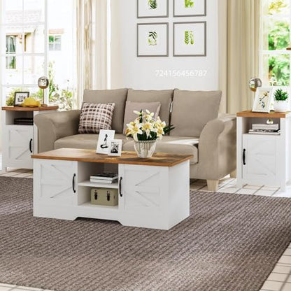 oneinmil End Table with Charging Station, Farmhouse Nightstand with Barn Door, Sofa Side Table with Storage Space 2-Piece Set, Suitable for Livingroom and Bedroom,White - color: White