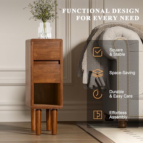 Narrow Nightstand 2 Drawers with Open Shelf Narrow Night Stand Solid Wood Bedside Table Mid Century Modern Nightstand Wooden End Table for Bedroom, Study, Office - color: Walnut-2d, size: 15.75''×8''×23.62''