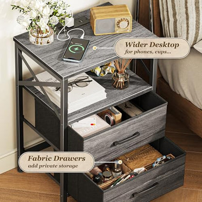 Huuger Nightstands Set of 2, Night Stand with Charger Station, 2 Drawer Side Table with Open Shelf, USB-C Port, End Table for Small Spaces, X Shaped Side Rail, Grey - color: Grey
