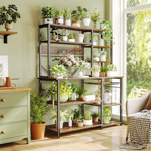 SUPERJARE Larger Bakers Rack with Power Outlets, 6-Tier Microwave Stand, Coffee Bar with 12 S-Shaped Hooks, Kitchen Shelf with Wire Basket, 47.2 x 15.5X 66.9 Inches, Rustic Brown - color: Rustic Brown, size: 47.2inch