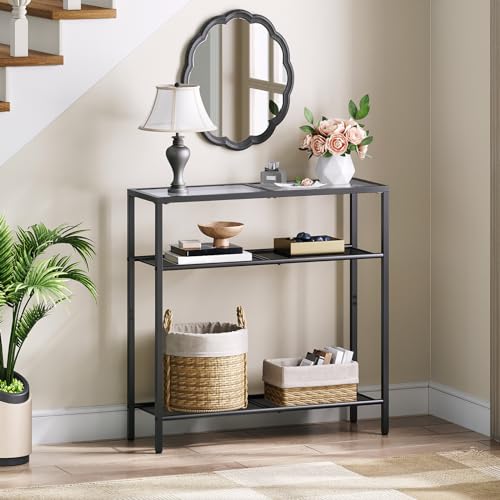 HOOBRO 29.5" Narrow Console Table, 3-Tier Tempered Glass Sofa Table, Modern Entryway Table, for Entrance, Living Room, Foyer, Hallway Bedroom, Black BK21XG01G1 - color: Black