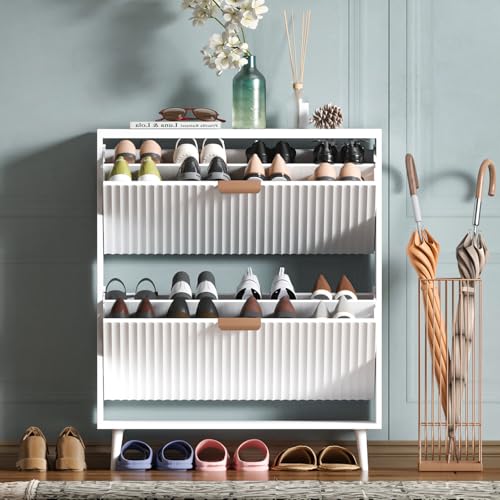 Shoe Cabinet Storage,Modern Freestanding Organizer with 2 Flip Drawers,Narrow Shoe Rack Cabinet for Entryway,White - color: White, size: 2-Drawers