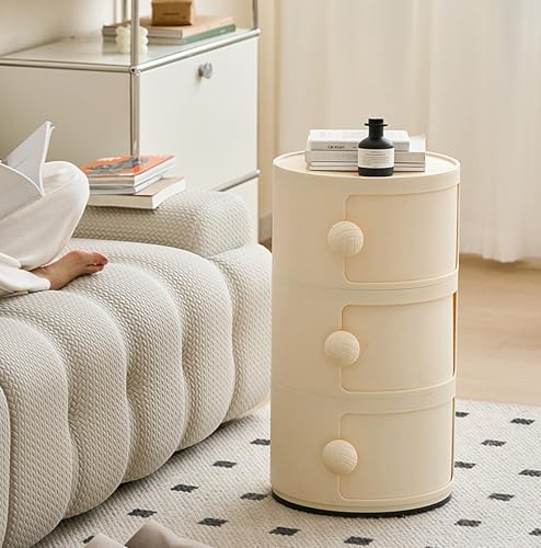 3 Tier Round Nightstand with Drawers, Plastic White Nightstand Modern Round Bedside Table with Handles and Sliding Door for Bedroom, Living Room - color: White