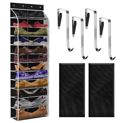 PAULONE 12 Pocket Over the Door Shoe Organizer,Reusable Breathable Large Mesh Bag Men's & Women's Sneaker Organizer,Shoe Organizer for Kids,Hanging Shoe Storage Hanging Bag (Black) - color: 12th Floor Black