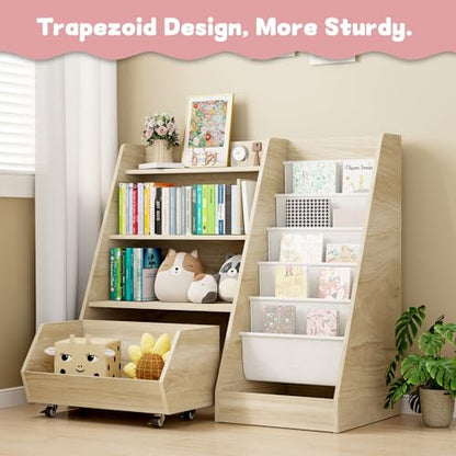 COZPAW Kids Bookshelf and Toy Storage, 4 Tier Toddler Bookshelf with Movable Drawer (Oak) - color: Oak