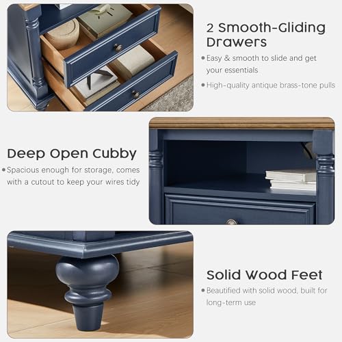 T4TREAM 24" Farmhouse Nightstands with 2 Drawers, Rustic Oak Antique Blue | 4 Solid Wood Feet, Charging Station, Tall Rustic Wood Square, Sofa Side Table, Living Room, Bedroom - color: Rustic Oak Antique Blue
