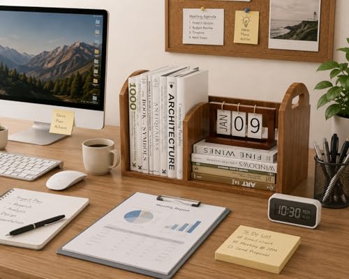 100% Solid Wood Adjustable Desktop Bookshelf, Retro Tabletop Book Shelf File Holder, Vertical Bookshelf Divider Desk Shelf for Home School Office Organization, Perfect for Books Magazine (Brown) - color: Brown