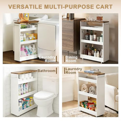 TEAMIX 4 Tier Slim Rolling Storage Cart with Wheels, 24.8D x 7.9W Inches, Height Adjustable, Deeper Utility Cart with Handle Narrow Shelf Organizer for Kitchen Laundry Bathroom Pantry Office (White)