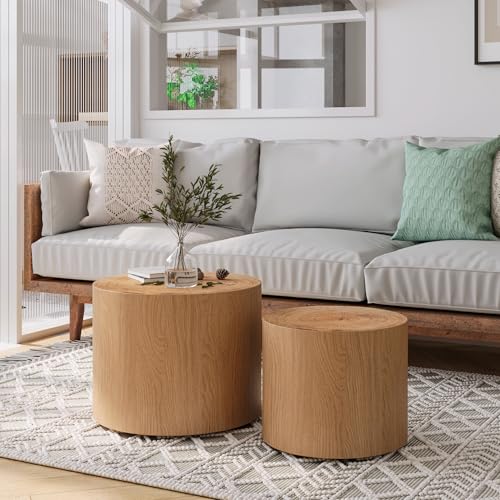 Nesting Coffee Table Set of 2, Modern Round Coffee Table, Wooden Circle Accent Tables for Small Spaces Living Room Bedroom Balcony Office Drum Side Table, Natural Wood - color: Natural Wood