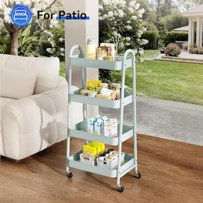 NEWBULIG 4-Tier Metal Rolling Cart with Lockable Wheels, Heavy Duty Mobile Utility Storage Shelf, Roller Book Snack Cart, Green - color: Green, size: 4 Shelves