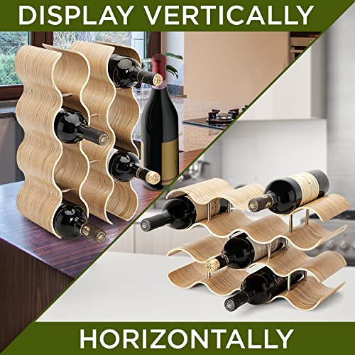 NutriChef Bamboo Wine Rack - 4 Tier Countertop Shelf with Slots that Holds 14 Bottles, Unique Stackable Wooden Holder, Save Space for Cabinet, Kitchen and Pantry, Modern Contemporary Wave Design - size: Desktop