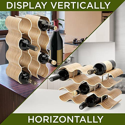 NutriChef Bamboo Wine Rack - 4 Tier Countertop Shelf with Slots that Holds 14 Bottles, Unique Stackable Wooden Holder, Save Space for Cabinet, Kitchen and Pantry, Modern Contemporary Wave Design - size: Desktop