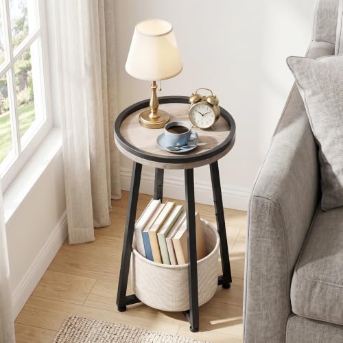 HOOBRO Small Round Side Table, 2-Tier Round Sofa End Table, Compact Nightstand with Cotton Linen Storage Basket, for Small Space, Living Room, Bedroom, Dorm, Greige BG183BZ01 - color: Greige