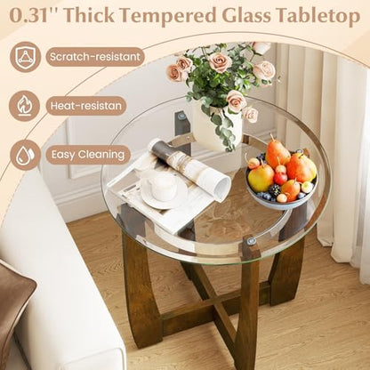 Giantex Round Glass End Table Set of 2, 24’’ Side Table with Tempered Glass Top, Nightstands with Cross & Solid Rubber Wood Base, Compact Bedside Night Stand for Bedroom Office Living Room (2, Walnut) - color: Walnut